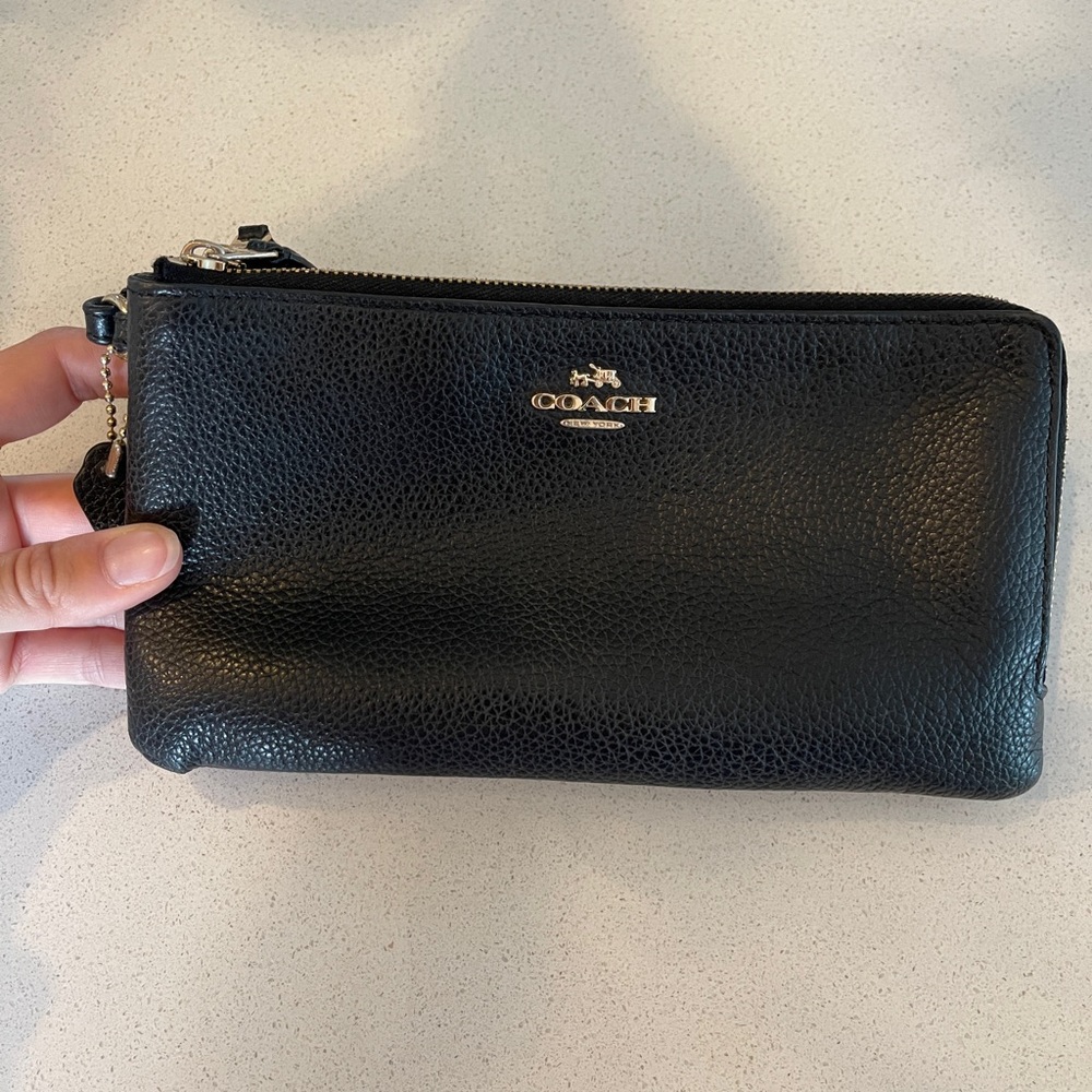 Coach Black Leather Wristlet with Gold Logo